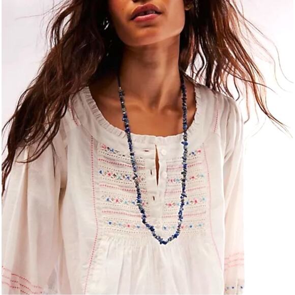 Free People Bohemian Single Strand Crystal Chip Beaded Necklace Lapis Blue NWT - Picture 2 of 15
